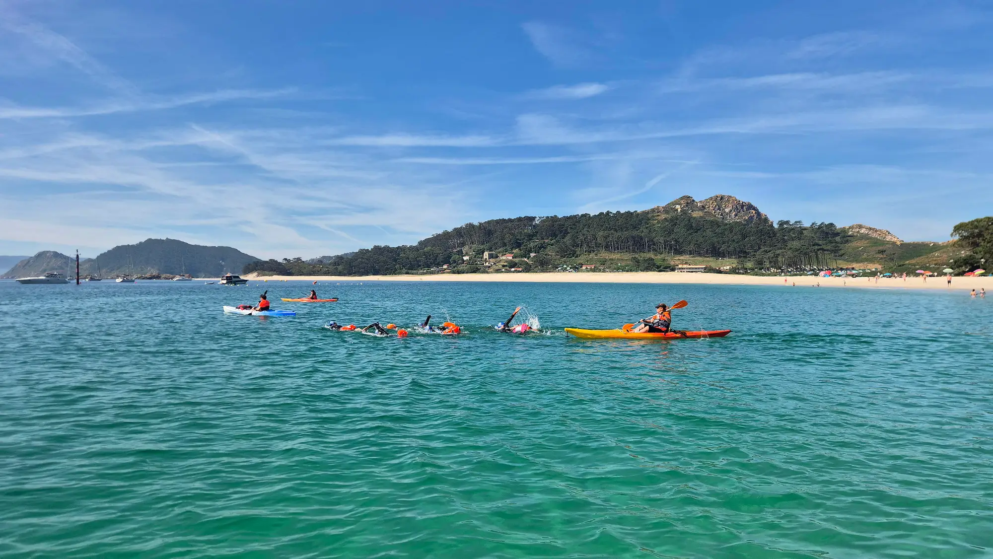 Un grupo de nadadores avanza en fila con sus kayaks de apoyo, y detrás las Islas Cíes con el arenal de Rodas y el monte cubierto de pinos